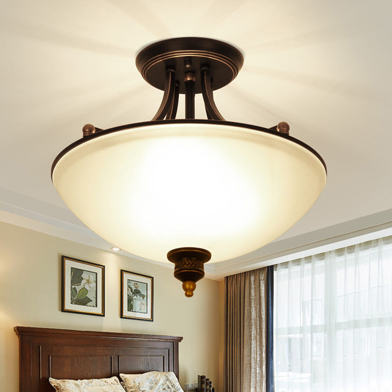 Minimalistic Bowl Semi Flush Light 3-Light Frosted White Glass Ceiling Flush Mount in Black Black Clearhalo 'Ceiling Lights' 'Close To Ceiling Lights' 'Close to ceiling' 'Glass shade' 'Glass' 'Semi-flushmount' Lighting' 988751