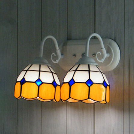 2 Heads Domed Wall Sconce Tiffany Stained Glass Wall Light in Yellow for Library Office Yellow Clearhalo 'Industrial' 'Middle century wall lights' 'Tiffany wall lights' 'Tiffany' 'Wall Lamps & Sconces' 'Wall Lights' Lighting' 98879