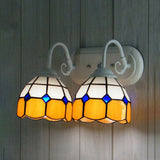 2 Heads Domed Wall Sconce Tiffany Stained Glass Wall Light in Yellow for Library Office Yellow Clearhalo 'Industrial' 'Middle century wall lights' 'Tiffany wall lights' 'Tiffany' 'Wall Lamps & Sconces' 'Wall Lights' Lighting' 98879