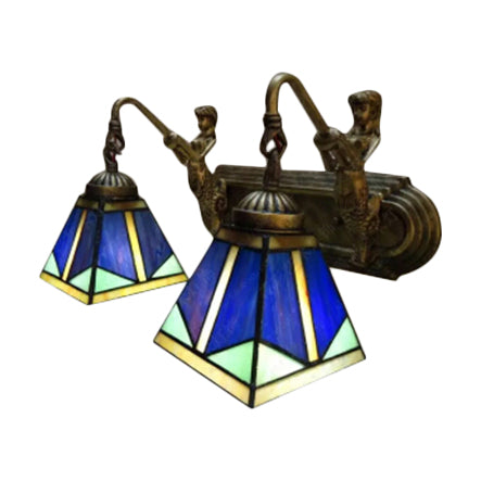 Pyramid Wall Light Fixture Tiffany Blue Glass 1 Head Antique Brass Sconce Lighting Clearhalo 'Industrial' 'Middle century wall lights' 'Tiffany wall lights' 'Tiffany' 'Wall Lamps & Sconces' 'Wall Lights' Lighting' 98911