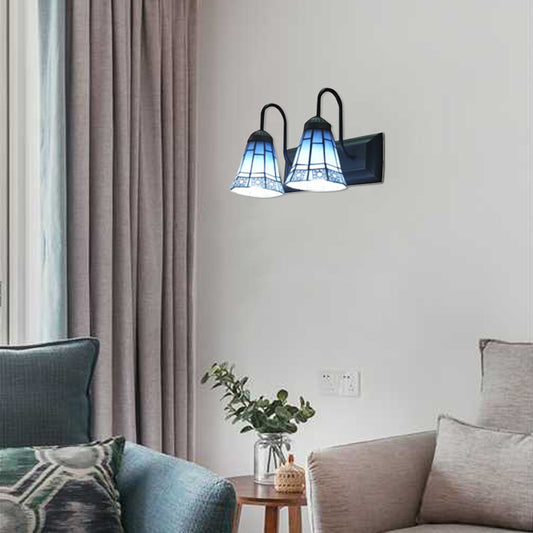 2 Head Living Room Wall Mount Light Tiffany Black Sconce Light with Flared Blue Glass Shade Blue Clearhalo 'Industrial' 'Middle century wall lights' 'Tiffany wall lights' 'Tiffany' 'Wall Lamps & Sconces' 'Wall Lights' Lighting' 98920