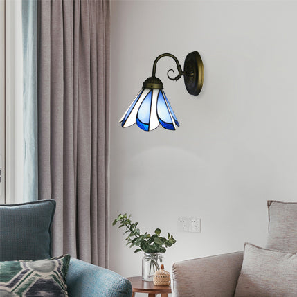Conical Restaurant Cafe Wall Light Glass 1 Head Tiffany Rustic Wall Light in Blue and White Blue-White Clearhalo 'Industrial' 'Middle century wall lights' 'Tiffany wall lights' 'Tiffany' 'Wall Lamps & Sconces' 'Wall Lights' Lighting' 98933