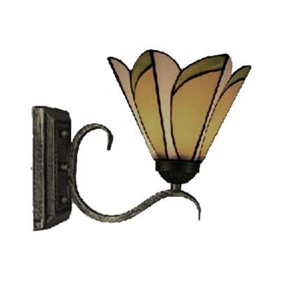 Yellow Conical Wall Light 1 Head Tiffany Stained Glass Wall Lamp in Antique Bronze for Study Room Clearhalo 'Industrial' 'Middle century wall lights' 'Tiffany wall lights' 'Tiffany' 'Wall Lamps & Sconces' 'Wall Lights' Lighting' 99020