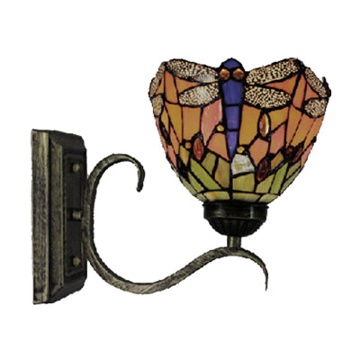 1 Light Dragonfly Wall Light Rustic Tiffany Stained Glass Wall Sconce in Orange for Library Clearhalo 'Industrial' 'Middle century wall lights' 'Tiffany wall lights' 'Tiffany' 'Wall Lamps & Sconces' 'Wall Lights' Lighting' 99024