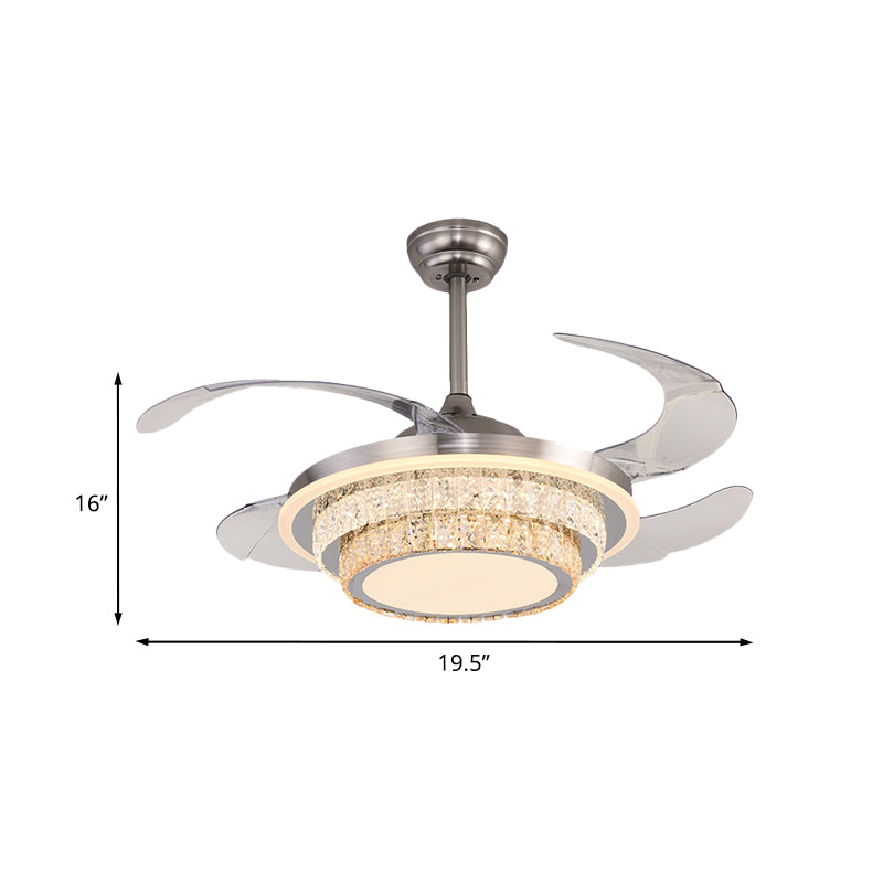 Silver LED 4-Blade Semi Flush Light Minimalist Crystal Tapered Cone Pendant Fan Lighting, 19.5" W Clearhalo 'Ceiling Fans with Lights' 'Ceiling Fans' Lighting' 990256