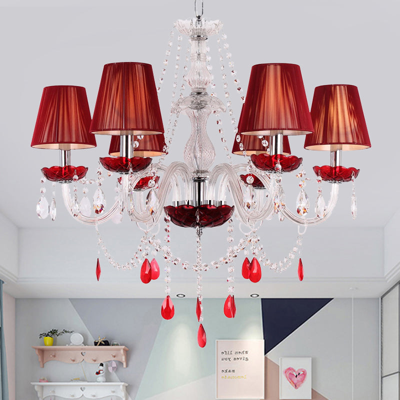 Red 6 Bulbs Chandelier Modernist Candlestick Crystal Pendant Light Fixture with Conical Shade Red Clearhalo 'Ceiling Lights' 'Chandeliers' 'Modern Chandeliers' 'Modern' Lighting' 990336