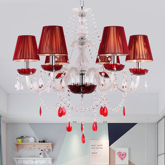 Red 6 Bulbs Chandelier Modernist Candlestick Crystal Pendant Light Fixture with Conical Shade Red Clearhalo 'Ceiling Lights' 'Chandeliers' 'Modern Chandeliers' 'Modern' Lighting' 990336