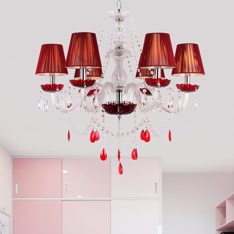 Red 6 Bulbs Chandelier Modernist Candlestick Crystal Pendant Light Fixture with Conical Shade Clearhalo 'Ceiling Lights' 'Chandeliers' 'Modern Chandeliers' 'Modern' Lighting' 990337