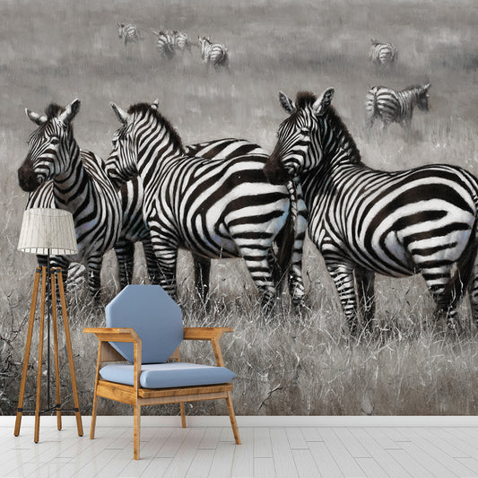 Extra Large Zebra Mural for Home Decor Fantasy Grass Wall Covering in Black and White, Stain-Resistant Clearhalo 'Wall Decor' 'Wall Mural' 990341