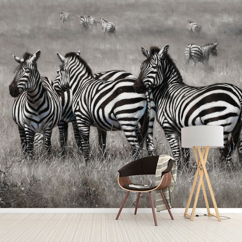 Extra Large Zebra Mural for Home Decor Fantasy Grass Wall Covering in Black and White, Stain-Resistant Clearhalo 'Wall Decor' 'Wall Mural' 990342