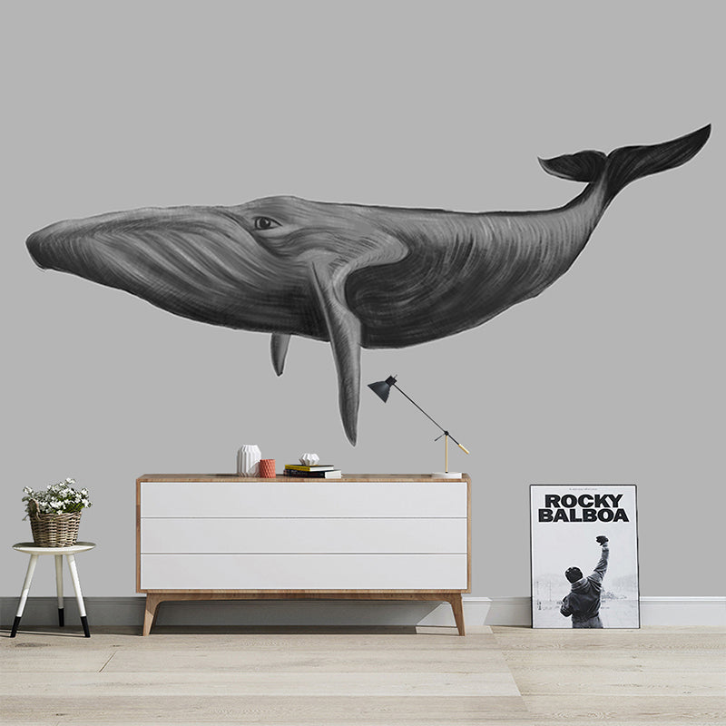 Big Photo Style Modern Mural for Living Room with Lively Whale in Grey Grey Clearhalo 'Wall Decor' 'Wall Mural' 990350