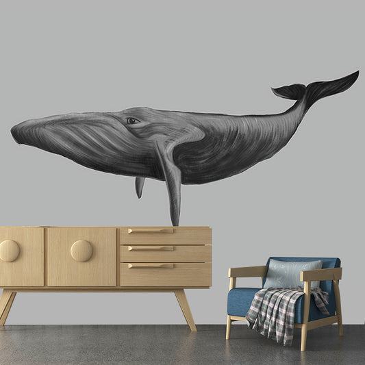 Big Photo Style Modern Mural for Living Room with Lively Whale in Grey Clearhalo 'Wall Decor' 'Wall Mural' 990352