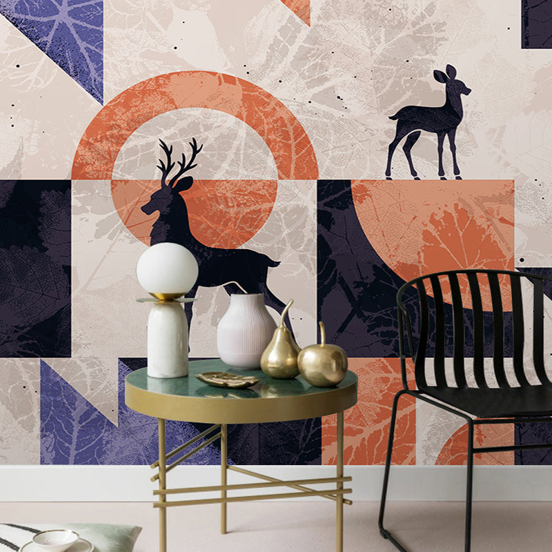 Decorative Deer and Geometries Mural Non-Woven Fabric Minimalist Wall Art for Living Room Blue-Orange Clearhalo 'Wall Decor' 'Wall Mural' 990365