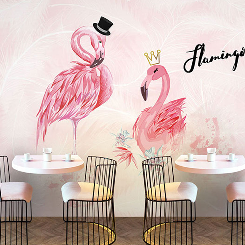 Water-Resistant Flamingo Wall Decor Customized Nordic Mural Wallpaper in Pink for Coffee Shop Pink Clearhalo 'Wall Decor' 'Wall Mural' 990390