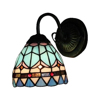 Stained Glass Domed Wall Light 1 Light Mediterranean Style Wall Lamp in Blue for Stair Clearhalo 'Industrial' 'Middle century wall lights' 'Tiffany wall lights' 'Tiffany' 'Wall Lamps & Sconces' 'Wall Lights' Lighting' 99041