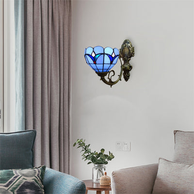 Foyer Bowl Shade Wall Light Stained Glass 1 Head Tiffany Wall Sconce in Blue Finish Blue Clearhalo 'Industrial' 'Middle century wall lights' 'Tiffany wall lights' 'Tiffany' 'Wall Lamps & Sconces' 'Wall Lights' Lighting' 99049