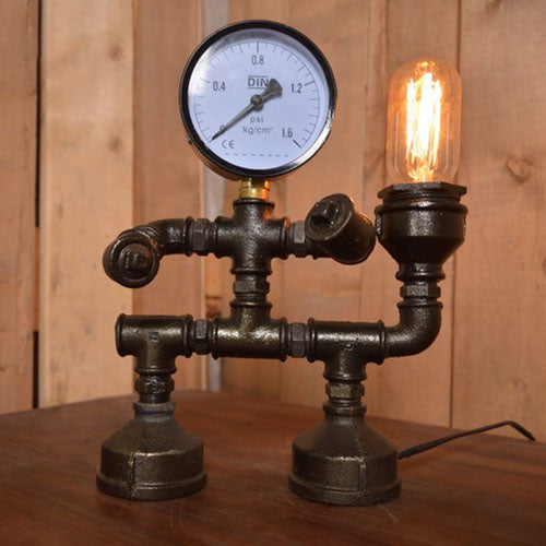 Black 1 Head Table Lamp Vintage Stylish Metallic Pipe Man Table Lighting with Pressure Gauge for Bedroom Black Clearhalo 'Lamps' 'Table Lamps' Lighting' 99061