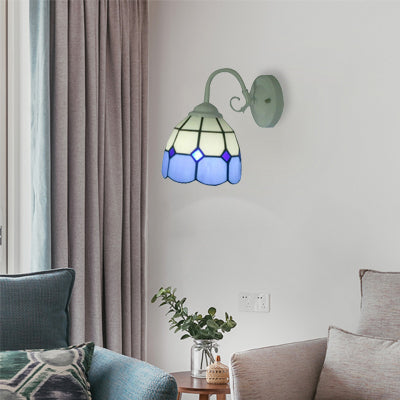 Simple Tiffany Blue Wall Sconce Grid Bowl 1 Light Stained Glass Wall Lamp in White Finish for Hotel Blue Clearhalo 'Industrial' 'Middle century wall lights' 'Tiffany wall lights' 'Tiffany' 'Wall Lamps & Sconces' 'Wall Lights' Lighting' 99069