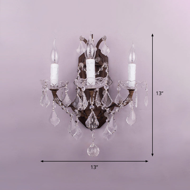 Candelabra Sconce Light Modern Teardrop Crystal 3 Lights White Wall Mount Light with Rust Backplate Clearhalo 'Cast Iron' 'Glass' 'Industrial' 'Modern wall lights' 'Modern' 'Tiffany' 'Traditional wall lights' 'Wall Lamps & Sconces' 'Wall Lights' Lighting' 990731