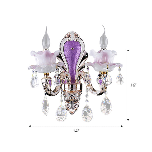 Purple Candelabra Wall Mount Light Modern 1/2 Lights Jade Sconce Light Fixture with Crystal Drop Clearhalo 'Modern wall lights' 'Modern' 'Wall Lamps & Sconces' 'Wall Lights' Lighting' 990741