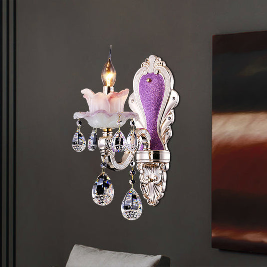 Purple Candelabra Wall Mount Light Modern 1/2 Lights Jade Sconce Light Fixture with Crystal Drop Clearhalo 'Modern wall lights' 'Modern' 'Wall Lamps & Sconces' 'Wall Lights' Lighting' 990743