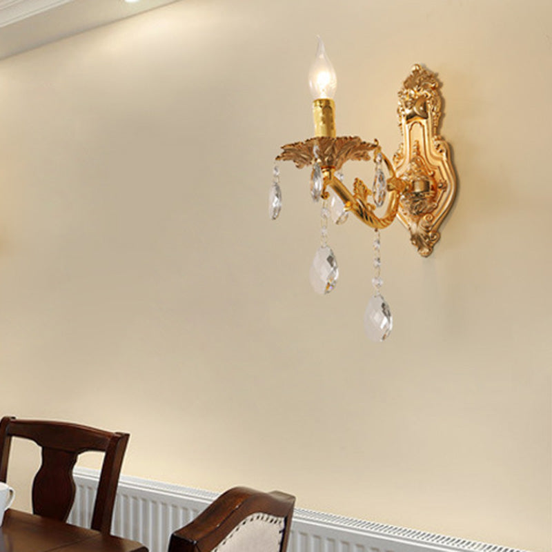 Gold Candelabra Wall Light Sconce Modernism 1/2 Lights Metal Sconce Light with Crystal Drop Clearhalo 'Modern wall lights' 'Modern' 'Wall Lamps & Sconces' 'Wall Lights' Lighting' 990749