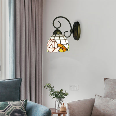 1 Head Sconce Light Victorian Dome Stained Glass Wall Light Fixture with Pink Rose Pattern Pink Clearhalo 'Industrial' 'Middle century wall lights' 'Tiffany wall lights' 'Tiffany' 'Wall Lamps & Sconces' 'Wall Lights' Lighting' 99075