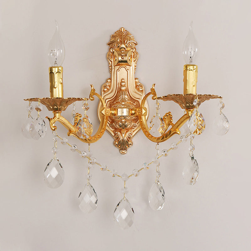 Gold Candelabra Wall Light Sconce Modernism 1/2 Lights Metal Sconce Light with Crystal Drop Clearhalo 'Modern wall lights' 'Modern' 'Wall Lamps & Sconces' 'Wall Lights' Lighting' 990753