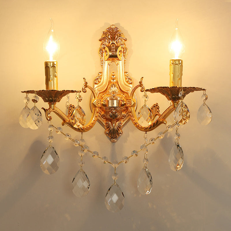 Gold Candelabra Wall Light Sconce Modernism 1/2 Lights Metal Sconce Light with Crystal Drop Clearhalo 'Modern wall lights' 'Modern' 'Wall Lamps & Sconces' 'Wall Lights' Lighting' 990754