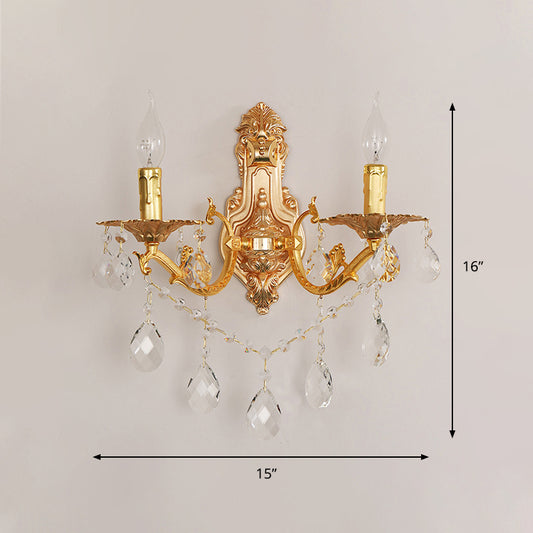 Gold Candelabra Wall Light Sconce Modernism 1/2 Lights Metal Sconce Light with Crystal Drop Clearhalo 'Modern wall lights' 'Modern' 'Wall Lamps & Sconces' 'Wall Lights' Lighting' 990755