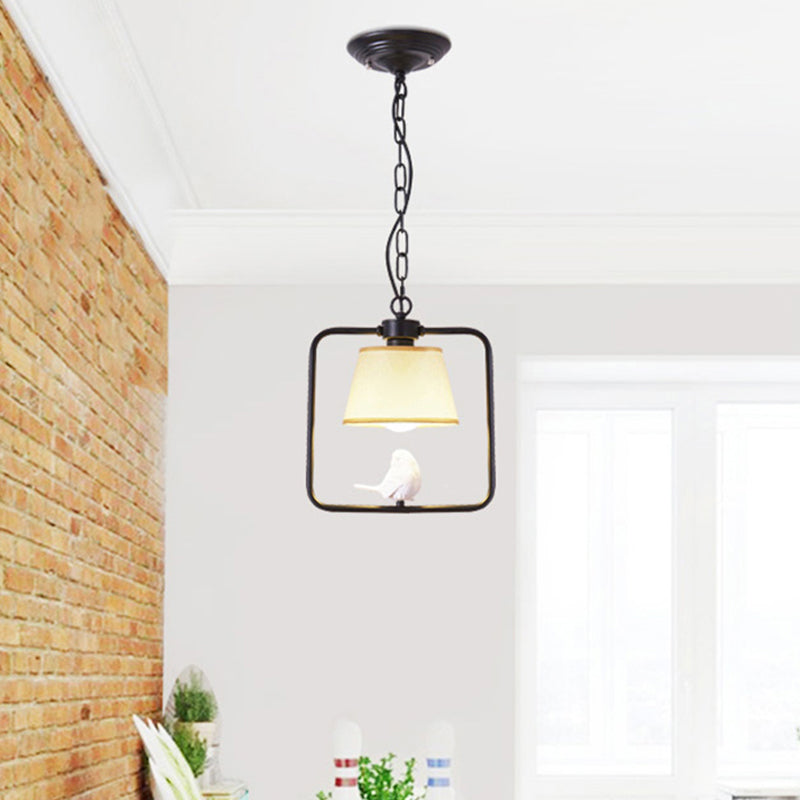 1 Light Cone Ceiling Pendant Light Classic Black/White Fabric Hanging Lamp for Coffee Shop with Square Frame and Bird Clearhalo 'Ceiling Lights' 'Pendant Lights' 'Pendants' Lighting' 990816