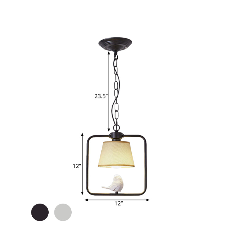 1 Light Cone Ceiling Pendant Light Classic Black/White Fabric Hanging Lamp for Coffee Shop with Square Frame and Bird Clearhalo 'Ceiling Lights' 'Pendant Lights' 'Pendants' Lighting' 990818