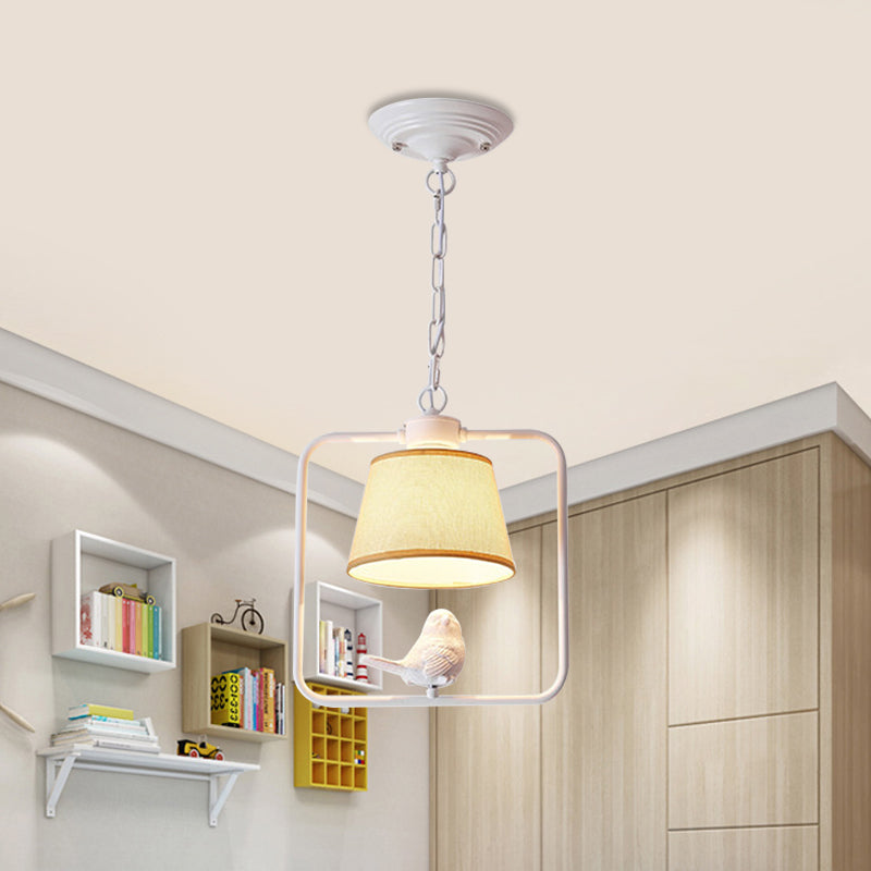 1 Light Cone Ceiling Pendant Light Classic Black/White Fabric Hanging Lamp for Coffee Shop with Square Frame and Bird White Clearhalo 'Ceiling Lights' 'Pendant Lights' 'Pendants' Lighting' 990819_6f29e0e8-c179-4131-9fa8-151646b12fa6