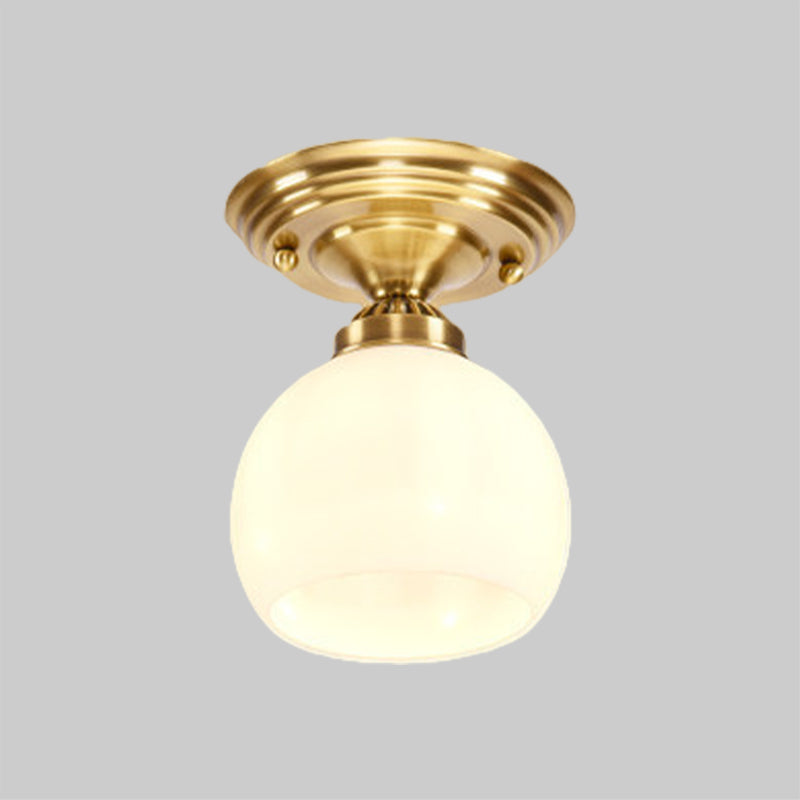 Globe/Cone White Glass Flush Mount Lamp Classic 1 Light Corridor Ceiling Lighting in Brass Clearhalo 'Ceiling Lights' 'Close To Ceiling Lights' 'Close to ceiling' 'Flush mount' Lighting' 990832