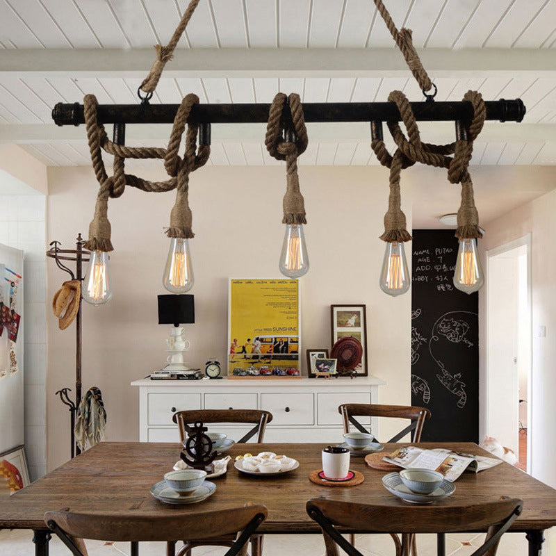 3/5 Heads Open Bulb Island Pendant Warehouse Beige Metal Hanging Ceiling Light for Dining Room with Rope Wrapped Accent Clearhalo 'Ceiling Lights' 'Island Lights' Lighting' 990926