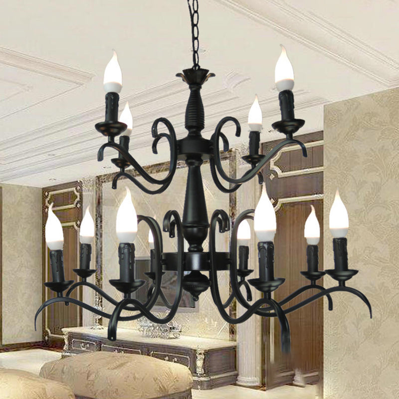 2-Tier Candle Living Room Chandelier Traditional Metal 3/5/6 Bulbs Black Finish Ceiling Hanging Light Clearhalo 'Ceiling Lights' 'Chandeliers' Lighting' options 990984