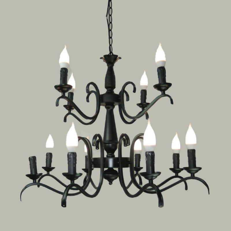 2-Tier Candle Living Room Chandelier Traditional Metal 3/5/6 Bulbs Black Finish Ceiling Hanging Light Clearhalo 'Ceiling Lights' 'Chandeliers' Lighting' options 990985