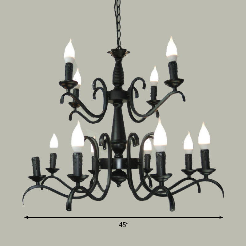 2-Tier Candle Living Room Chandelier Traditional Metal 3/5/6 Bulbs Black Finish Ceiling Hanging Light Clearhalo 'Ceiling Lights' 'Chandeliers' Lighting' options 990986