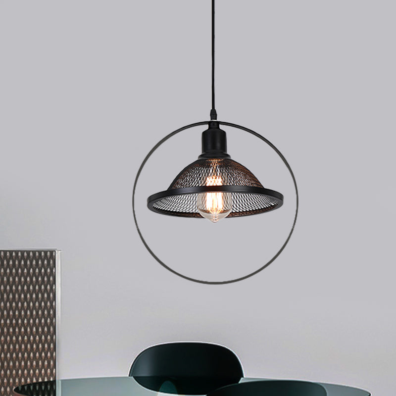 Black Rhombus/Round Pendant Light Industrial Metal 1 Light Indoor Pendant Hanging Light with Mesh Flared Shade Clearhalo 'Art Deco Pendants' 'Black' 'Cast Iron' 'Ceiling Lights' 'Ceramic' 'Crystal' 'Industrial Pendants' 'Industrial' 'Metal' 'Middle Century Pendants' 'Pendant Lights' 'Pendants' 'Rustic Pendants' 'Tiffany' Lighting' 991046