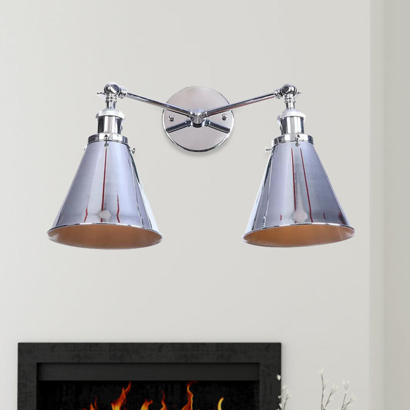 2 Lights Metal Wall Light Sconce Retro Style Black/Copper Conical Shade Restaurant Wall Mount Fixture Chrome Clearhalo 'Art deco wall lights' 'Cast Iron' 'Glass' 'Industrial wall lights' 'Industrial' 'Middle century wall lights' 'Modern' 'Rustic wall lights' 'Tiffany' 'Traditional wall lights' 'Wall Lamps & Sconces' 'Wall Lights' Lighting' 991134