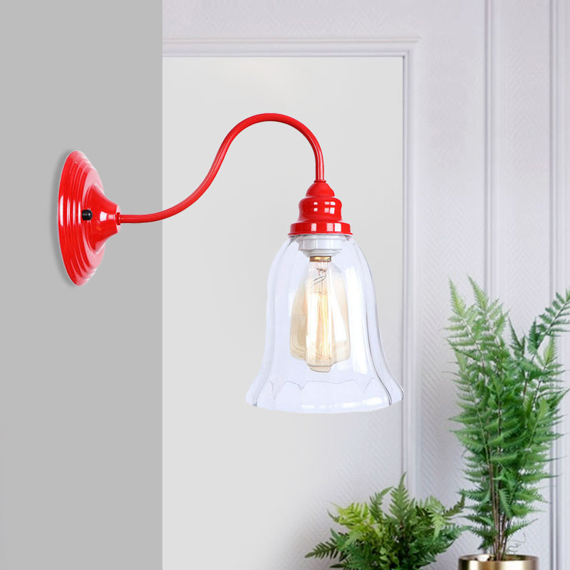 Red One Light Sconce Light Industrial Clear Textured Glass Bell Lighting Fixture Clearhalo 'Cast Iron' 'Glass' 'Industrial' 'Modern wall lights' 'Modern' 'Tiffany' 'Traditional wall lights' 'Wall Lamps & Sconces' 'Wall Lights' Lighting' 991153