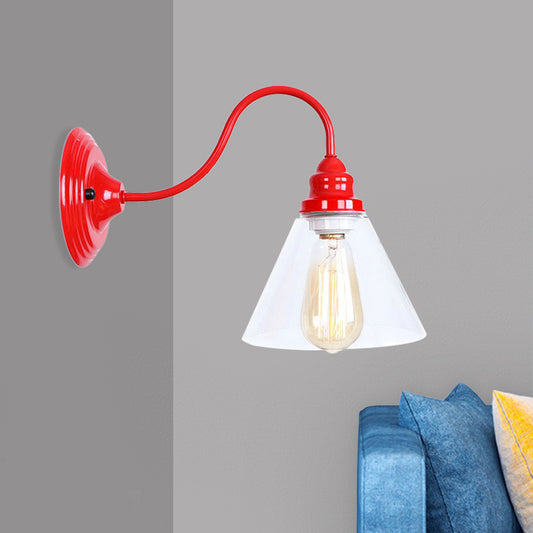 One Bulb Wall Light with Cone Shade Clear Glass Industrial Bedroom Sconce Lighting Fixture in Red Clear Clearhalo 'Cast Iron' 'Glass' 'Industrial' 'Modern wall lights' 'Modern' 'Tiffany' 'Traditional wall lights' 'Wall Lamps & Sconces' 'Wall Lights' Lighting' 991157