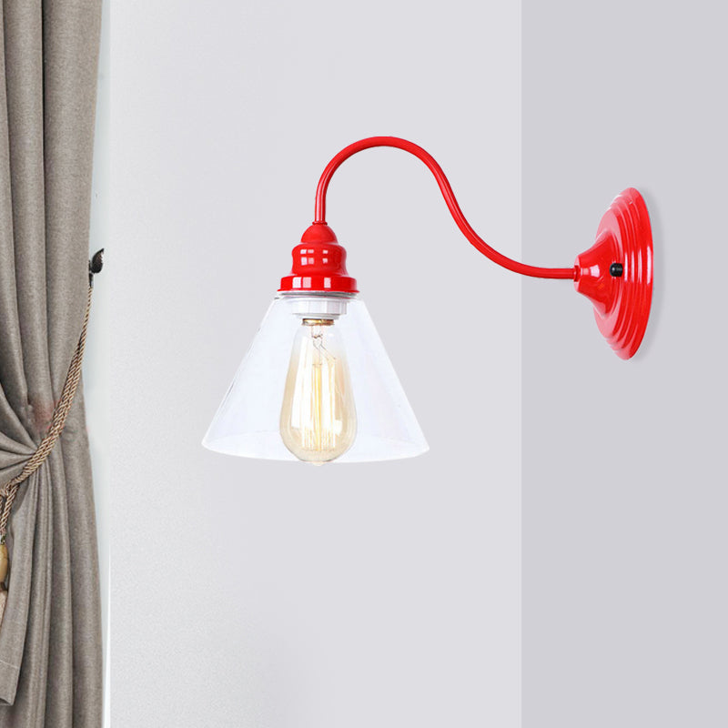 One Bulb Wall Light with Cone Shade Clear Glass Industrial Bedroom Sconce Lighting Fixture in Red Clearhalo 'Cast Iron' 'Glass' 'Industrial' 'Modern wall lights' 'Modern' 'Tiffany' 'Traditional wall lights' 'Wall Lamps & Sconces' 'Wall Lights' Lighting' 991158