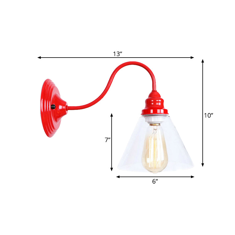 One Bulb Wall Light with Cone Shade Clear Glass Industrial Bedroom Sconce Lighting Fixture in Red Clearhalo 'Cast Iron' 'Glass' 'Industrial' 'Modern wall lights' 'Modern' 'Tiffany' 'Traditional wall lights' 'Wall Lamps & Sconces' 'Wall Lights' Lighting' 991161