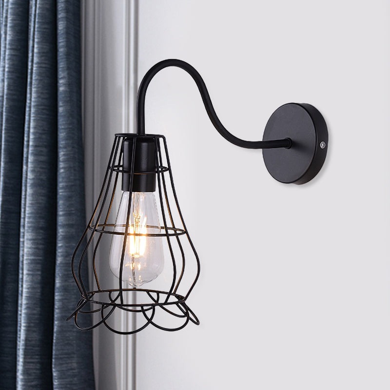 Metallic Black Finish Sconce Wall Light Wire Cage Shade 1 Light Retro Style Wall Mount Light for Bedside Black Clearhalo 'Art deco wall lights' 'Cast Iron' 'Glass' 'Industrial wall lights' 'Industrial' 'Middle century wall lights' 'Modern' 'Rustic wall lights' 'Tiffany' 'Traditional wall lights' 'Wall Lamps & Sconces' 'Wall Lights' Lighting' 991167