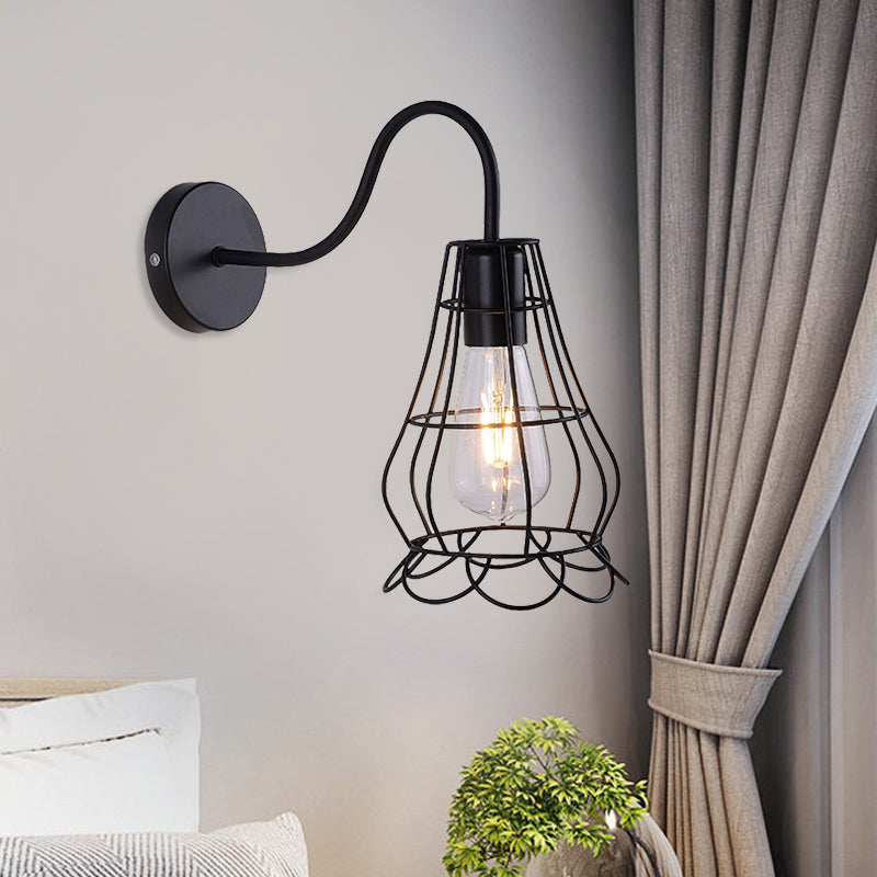 Metallic Black Finish Sconce Wall Light Wire Cage Shade 1 Light Retro Style Wall Mount Light for Bedside Clearhalo 'Art deco wall lights' 'Cast Iron' 'Glass' 'Industrial wall lights' 'Industrial' 'Middle century wall lights' 'Modern' 'Rustic wall lights' 'Tiffany' 'Traditional wall lights' 'Wall Lamps & Sconces' 'Wall Lights' Lighting' 991168