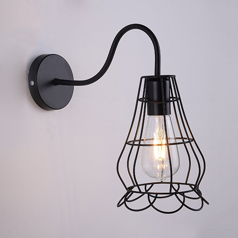 Metallic Black Finish Sconce Wall Light Wire Cage Shade 1 Light Retro Style Wall Mount Light for Bedside Clearhalo 'Art deco wall lights' 'Cast Iron' 'Glass' 'Industrial wall lights' 'Industrial' 'Middle century wall lights' 'Modern' 'Rustic wall lights' 'Tiffany' 'Traditional wall lights' 'Wall Lamps & Sconces' 'Wall Lights' Lighting' 991170