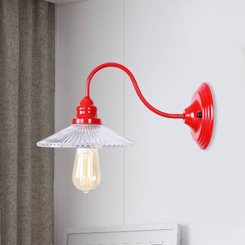Cone Clear Ribbed Glass Wall Mounted Lamp Industrial Single Bulb Bedroom Sconce Light in Red Clear Clearhalo 'Cast Iron' 'Glass' 'Industrial' 'Modern wall lights' 'Modern' 'Tiffany' 'Traditional wall lights' 'Wall Lamps & Sconces' 'Wall Lights' Lighting' 991172