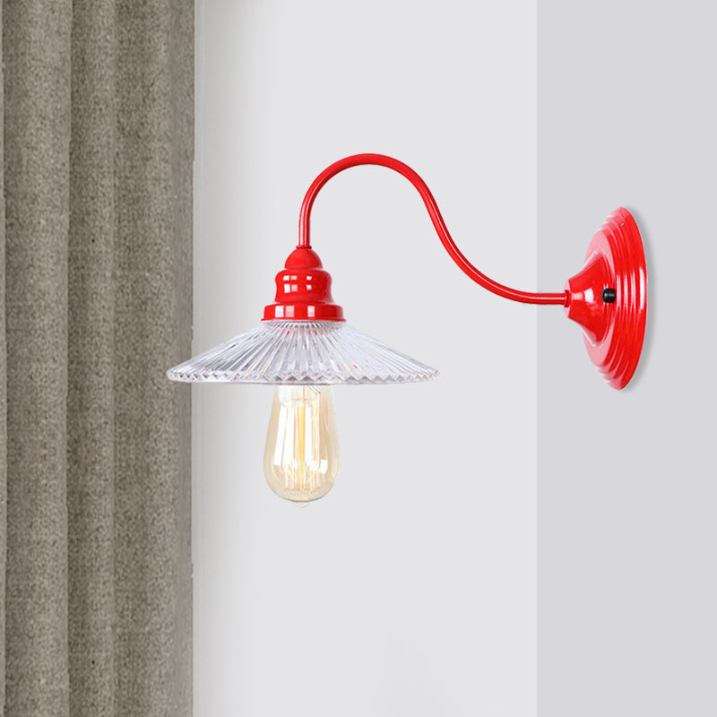 Cone Clear Ribbed Glass Wall Mounted Lamp Industrial Single Bulb Bedroom Sconce Light in Red Clearhalo 'Cast Iron' 'Glass' 'Industrial' 'Modern wall lights' 'Modern' 'Tiffany' 'Traditional wall lights' 'Wall Lamps & Sconces' 'Wall Lights' Lighting' 991173