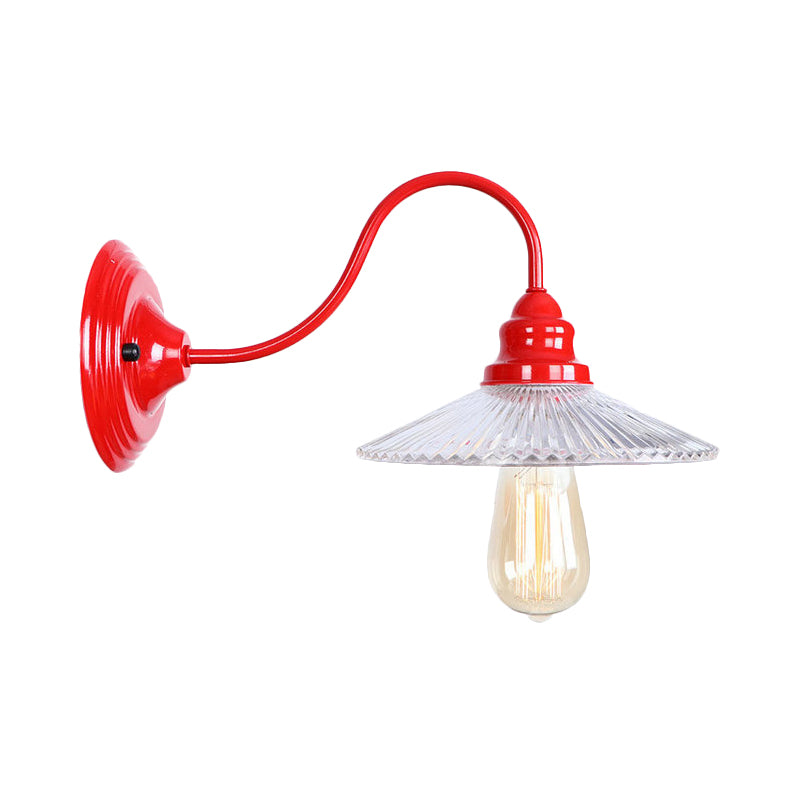 Cone Clear Ribbed Glass Wall Mounted Lamp Industrial Single Bulb Bedroom Sconce Light in Red Clearhalo 'Cast Iron' 'Glass' 'Industrial' 'Modern wall lights' 'Modern' 'Tiffany' 'Traditional wall lights' 'Wall Lamps & Sconces' 'Wall Lights' Lighting' 991175